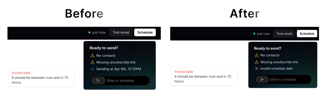 Fix validation inconsistencies for scheduled broadcasts